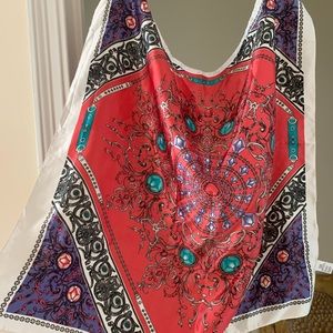 Satin Scarf - silky feel w hot pink geometric and diamond shapes